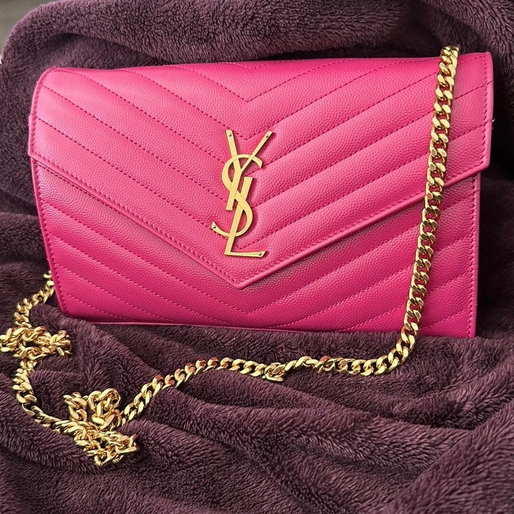 Fuchsia/pink Saint Laurent wallet on chain